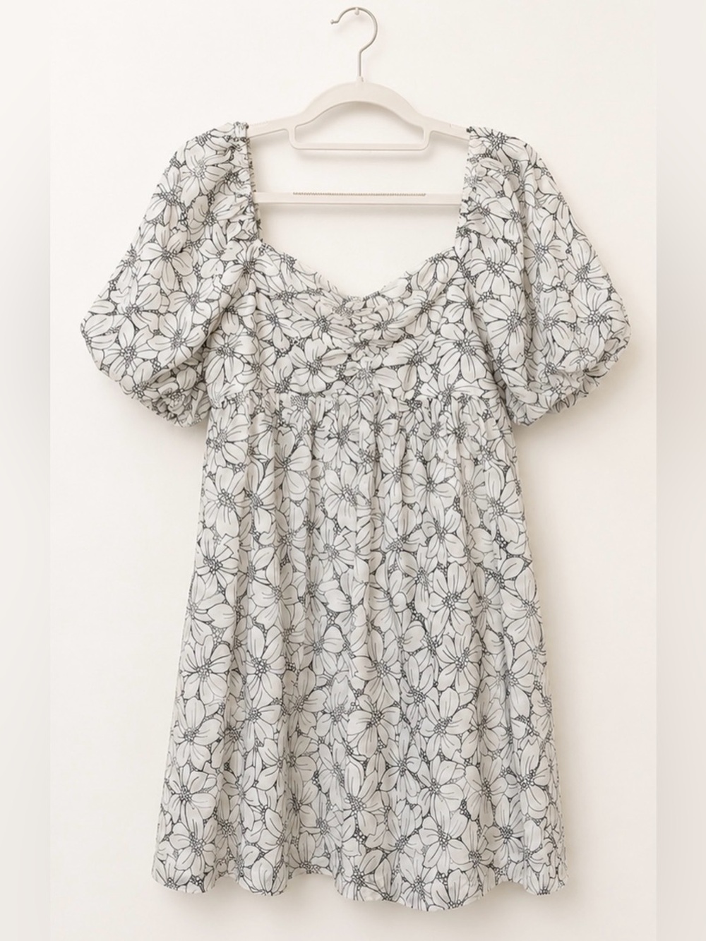 Altar'd State White & Black Dress Floral Puff Sleeve Babydoll Mini Dress Size M